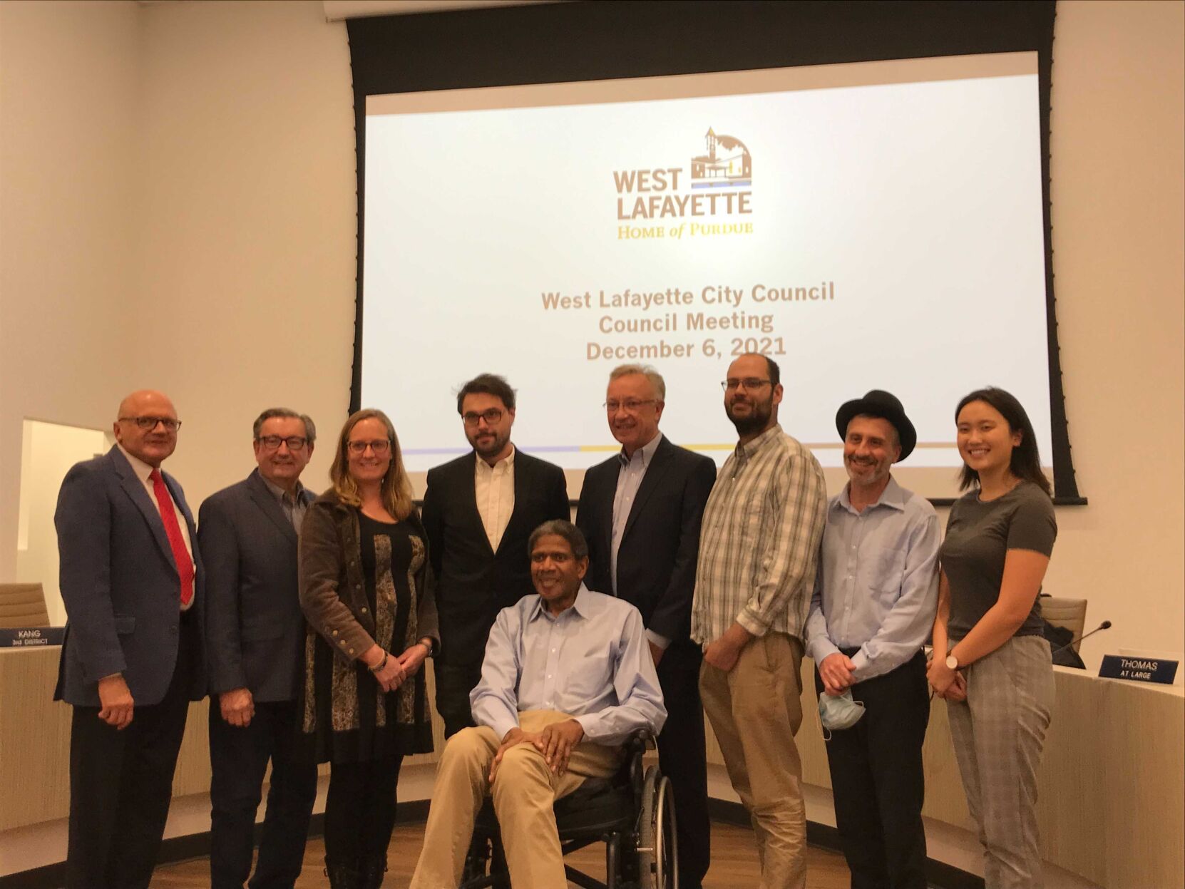 12/6/21 West Lafayette City Council Meeting, Councilors pose with Gerald Thomas
